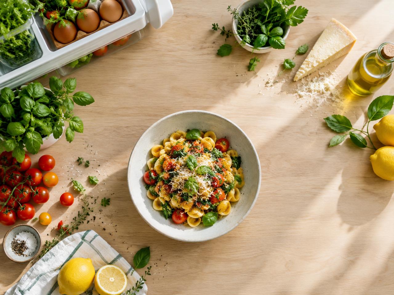 Fresh ingredients around a bowl of pasta